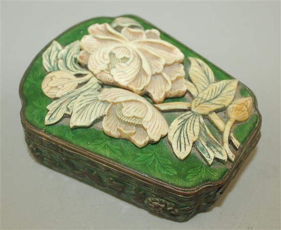 A Chinese enamel on copper and ivory mounted three piece dressing table set,